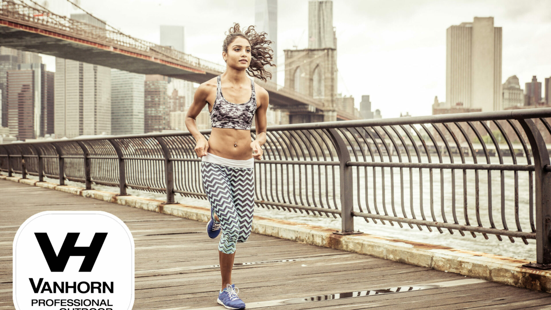 Girl running on the pier with New york skyline in the background